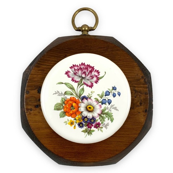 60's handcrafted JERRY SCHULTZ floral garden tile on pine wood art wall hanging - Picture 1 of 8